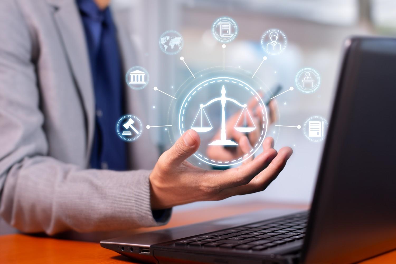 Immigration law concept showing justice scale hologram over laptop for F1 student visa denial and port of entry inspection