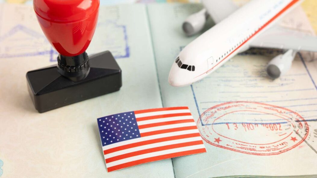 U.S. immigration enforcement concept showing passport stamp, airplane, and DHS deportation process for unauthorized stays