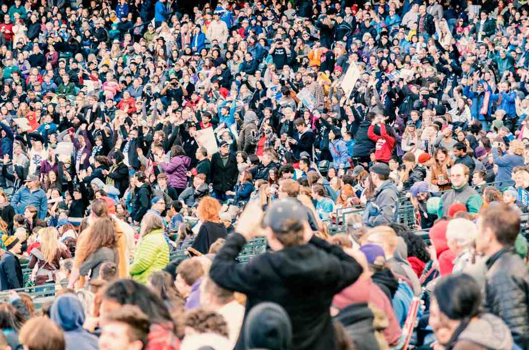 Large crowd attending U.S. naturalization ceremony celebrating new citizens on Citizenship Day