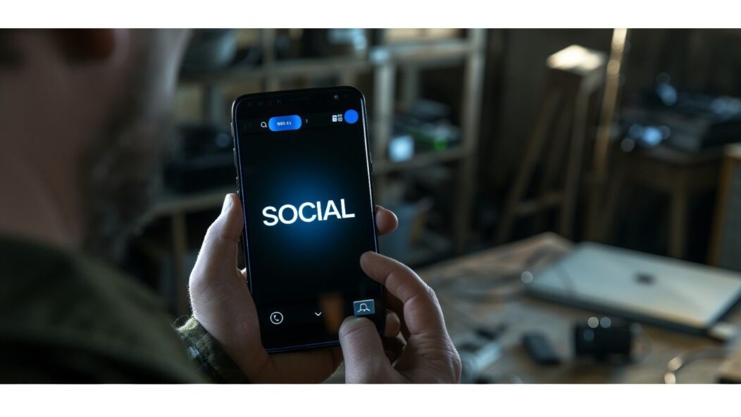 Person holding a smartphone displaying the word 'Social,' symbolizing the use of social media for immigration fraud detection by FDNS.