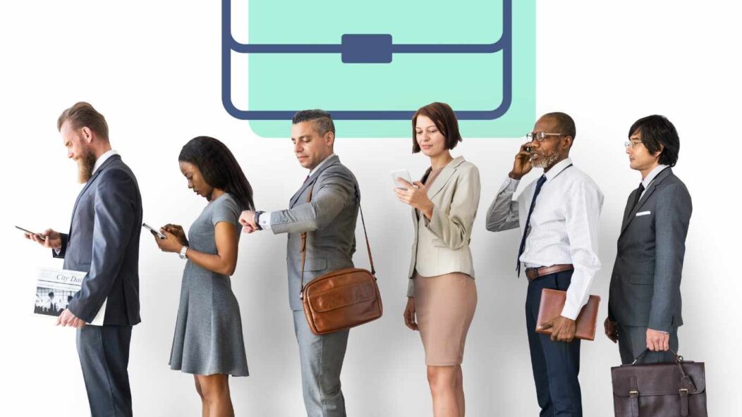 Professional workers in line for job opportunities with the words 'We Want You!' and a briefcase icon highlighting career recruitment.