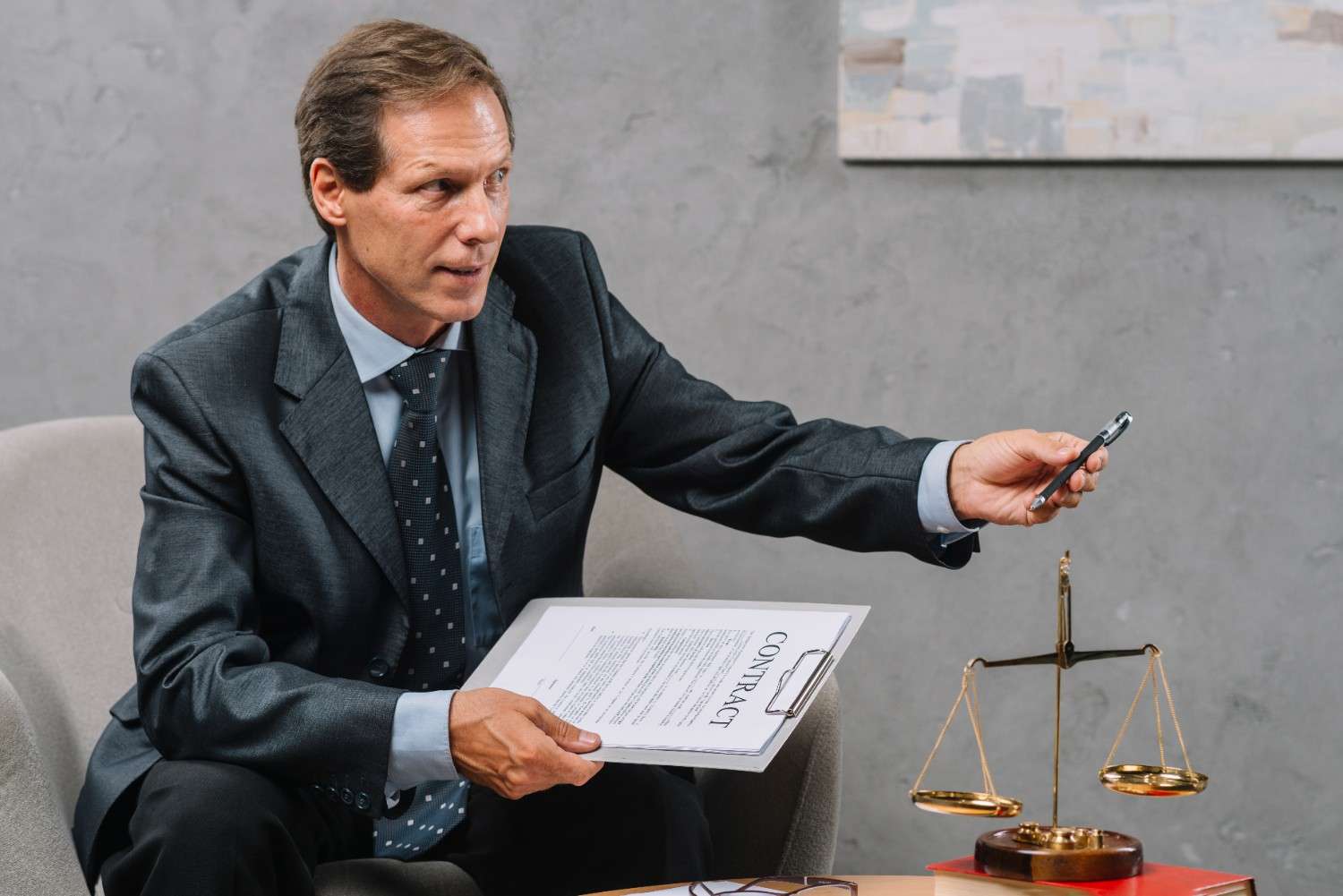 Immigration attorney discussing H-1B visa revocation legal remedies with a client, holding a contract and pen, symbolizing legal counsel and professional guidance.