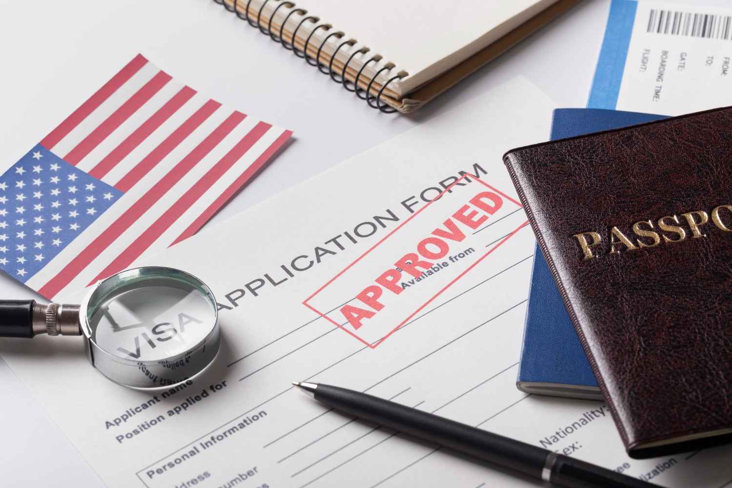 US visa stamping process with approved application form, passport, and American flag