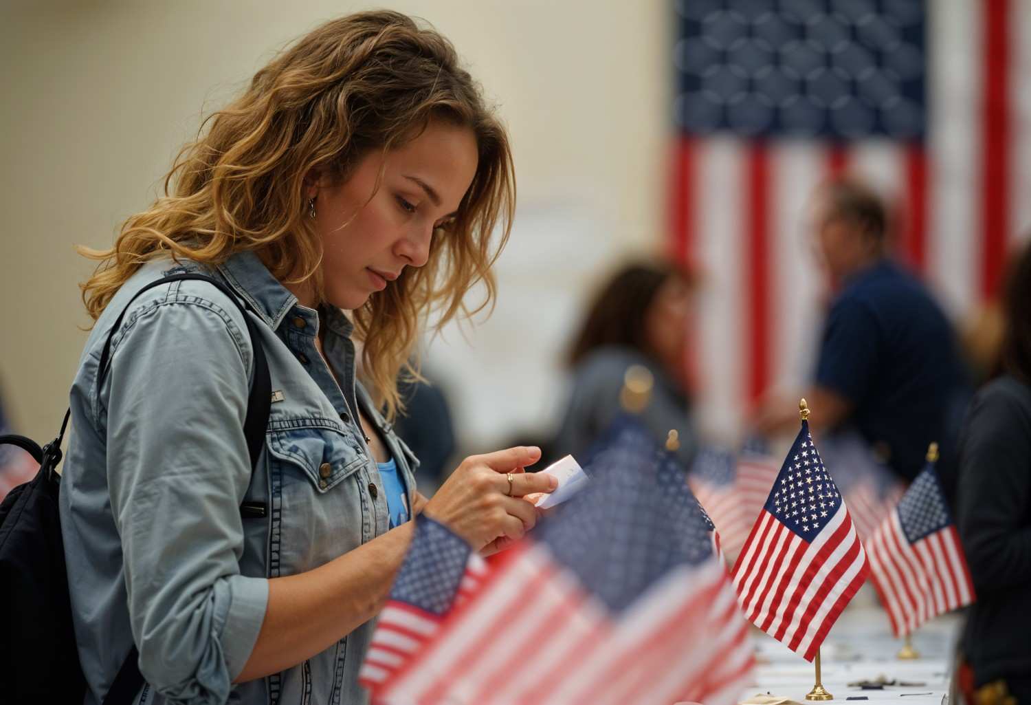 Woman reviewing documents at a US consulate, concerned about visa processing delays