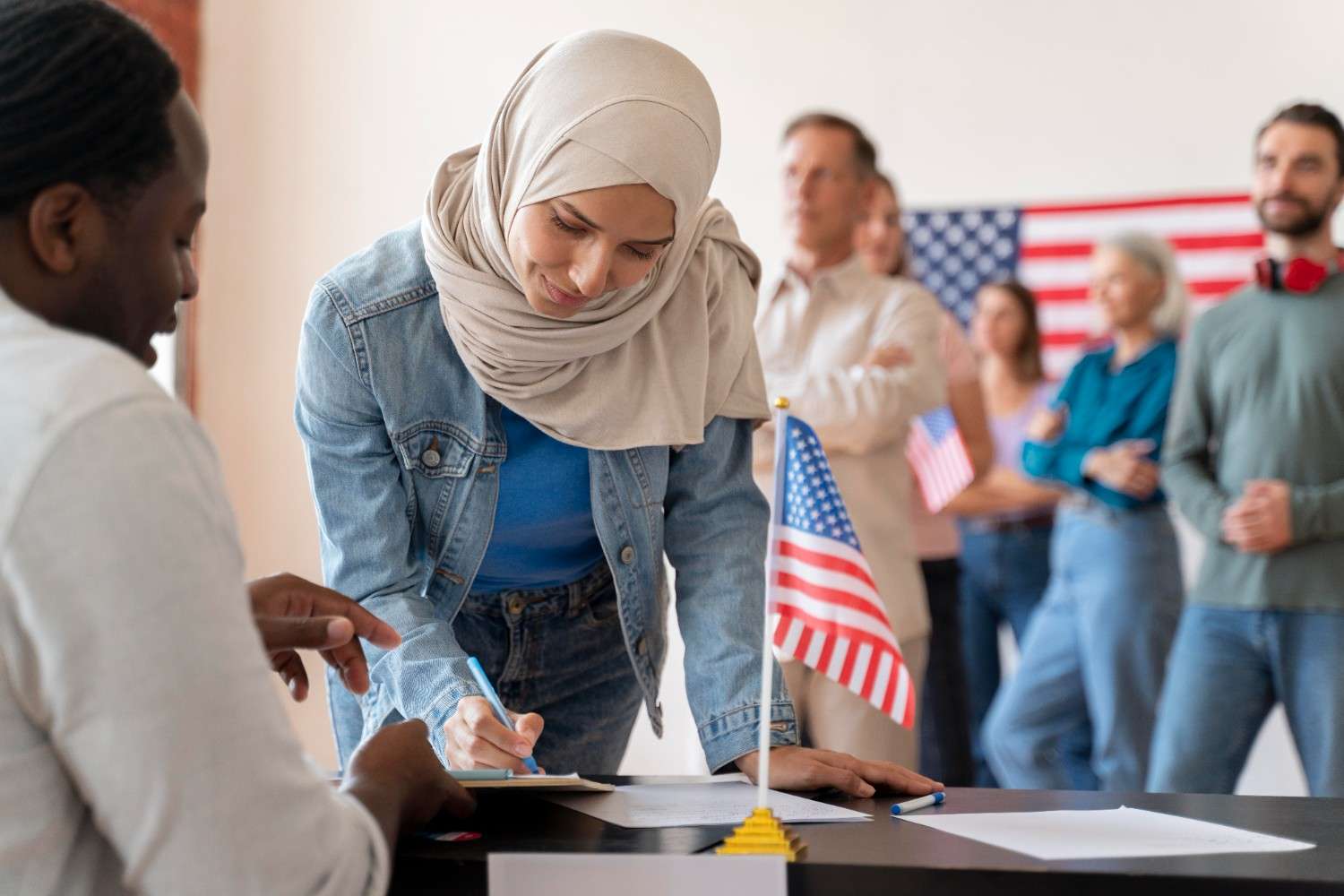 Immigrant filling out forms at US immigration process, preparing for secondary inspection