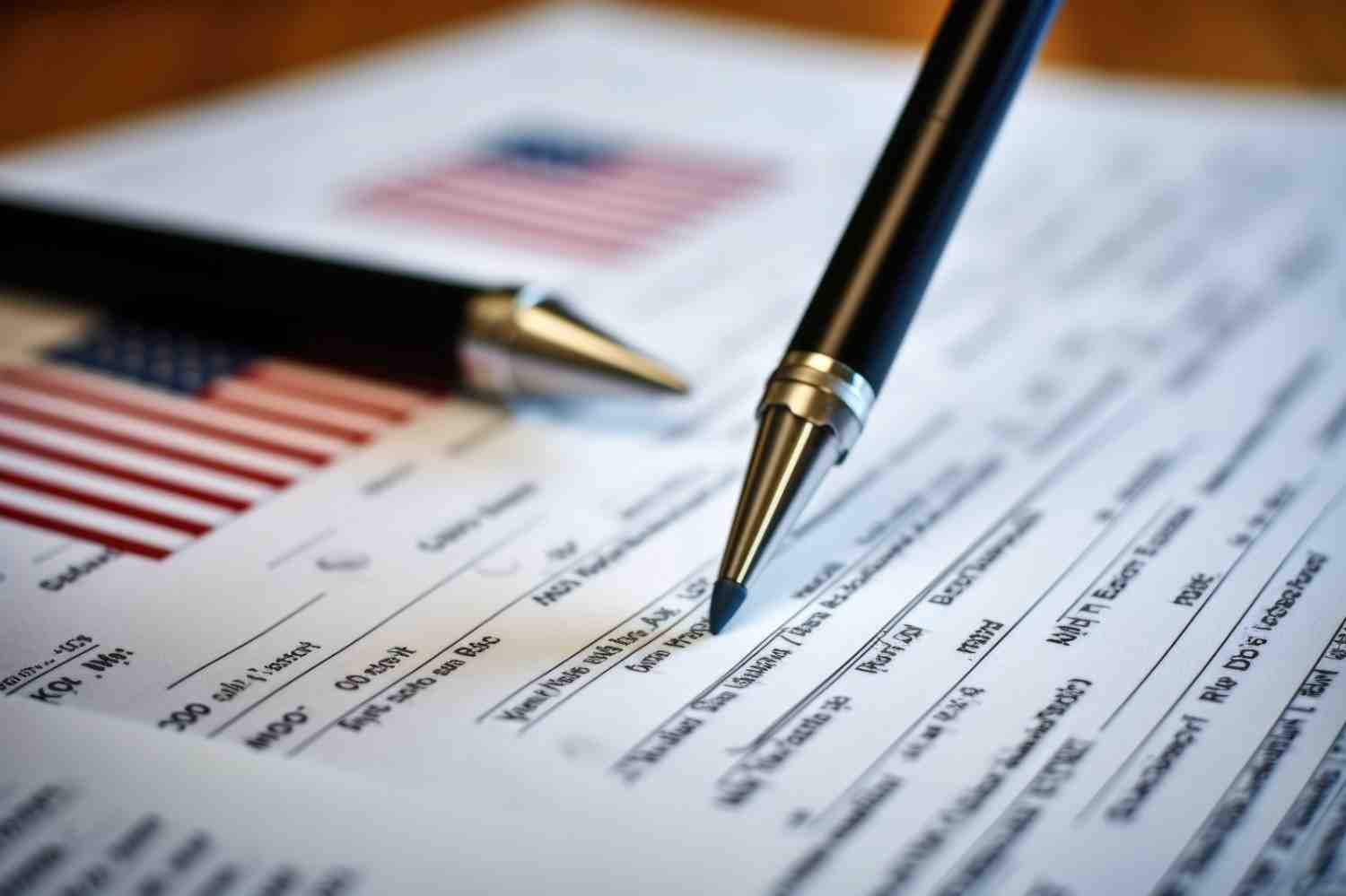 H-1B visa application form with American flag and legal documents on desk