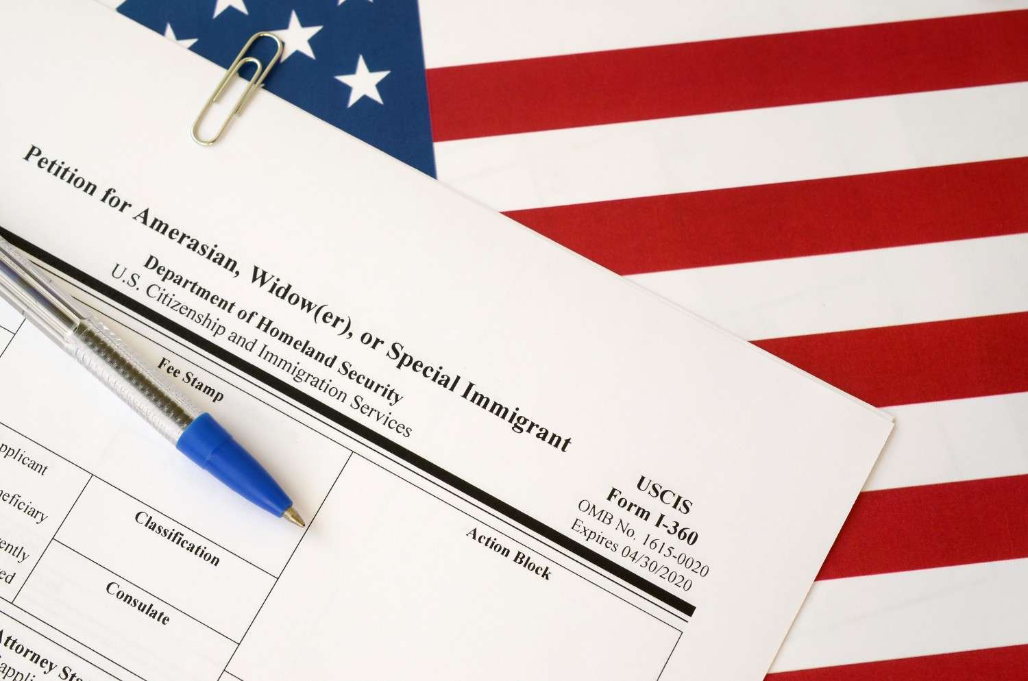 USCIS Form I-360 Petition on American flag background for immigration legal filing