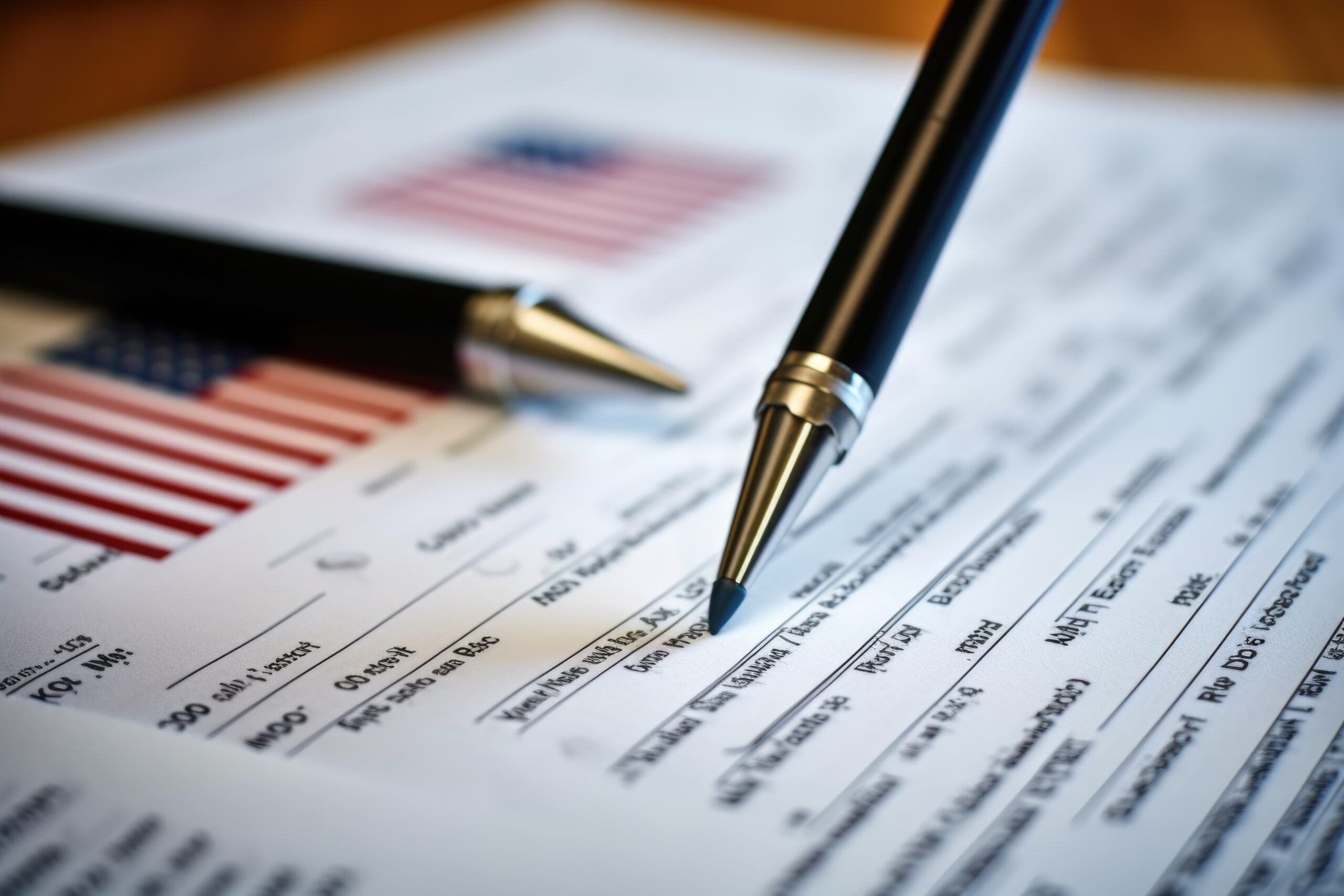 Close-up of U.S. immigration forms with pens on top, showing details of the application process.