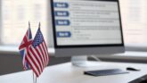 British and American flags on a desk with computer screen in background during FDNS H-1B visa compliance site visit